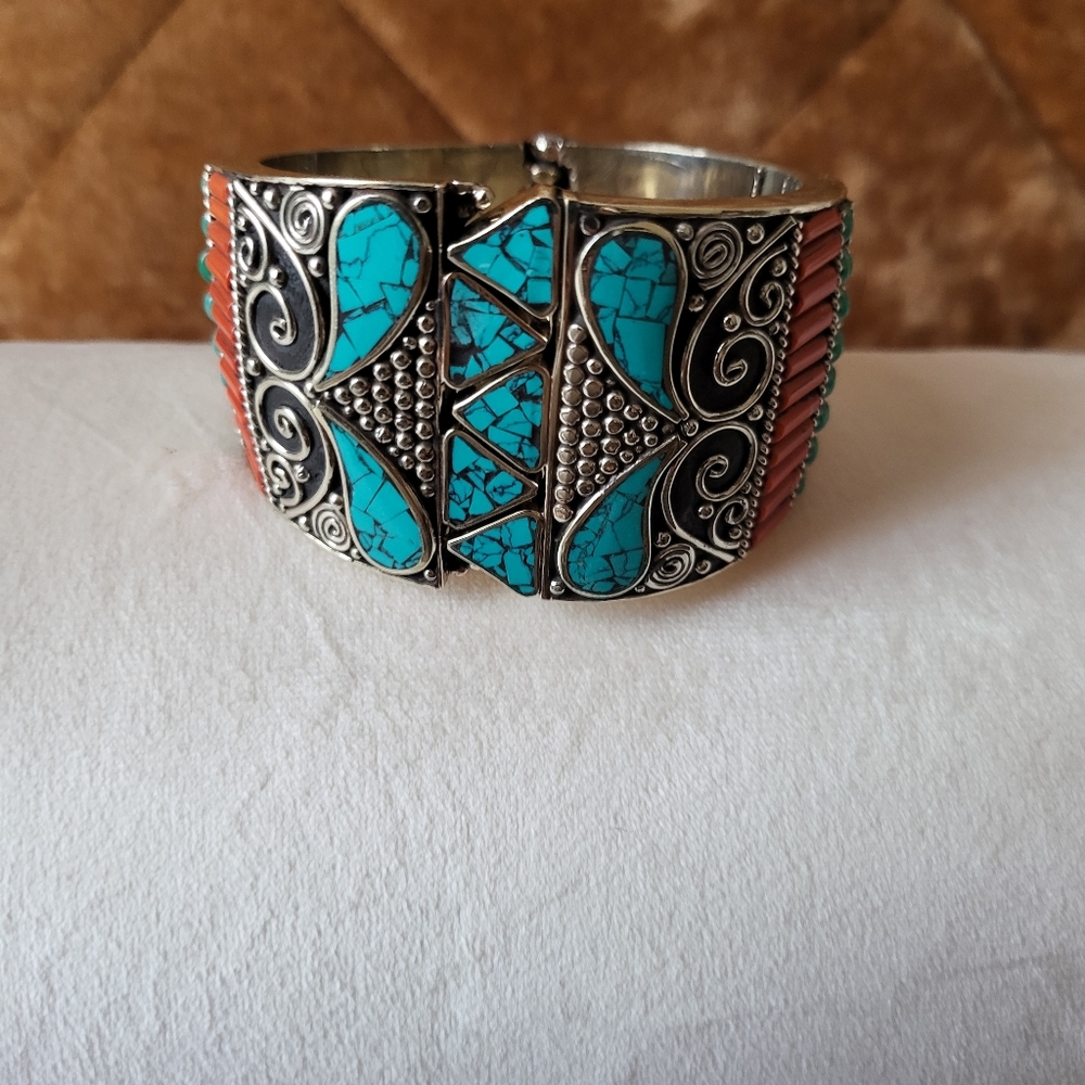 Turquoise and Coral Tibetan Silver Cuff